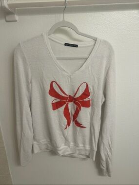 Wildfox White Set: V-Neck Pullover with Red Bow Print and Red Sweats